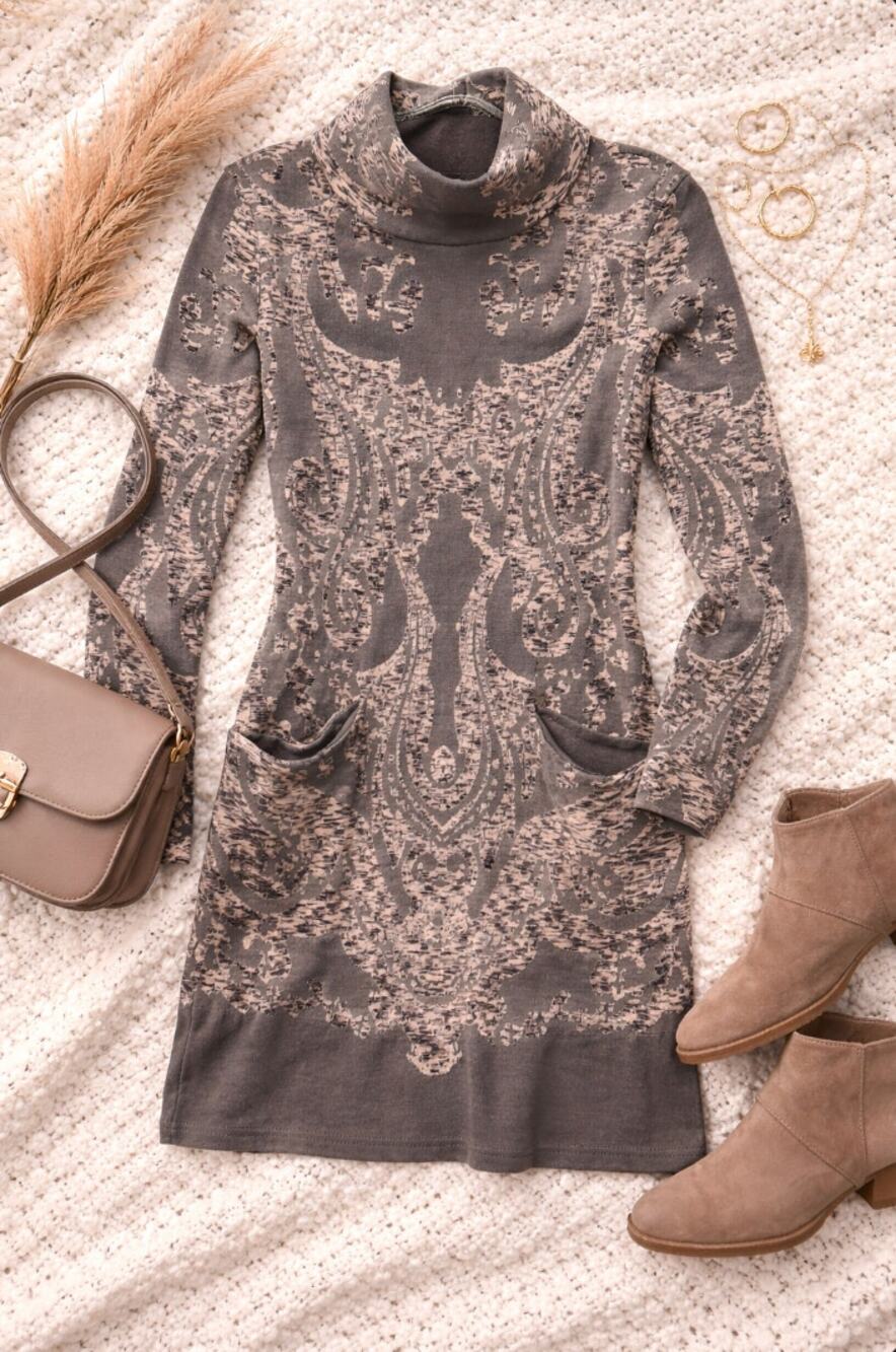 Free People XS Boho Gray Beige Jacquard Cowl Neck Knit Mini Dress Pockets